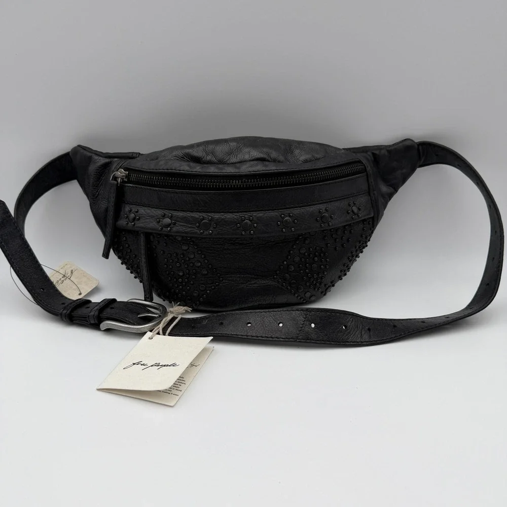 Free People Ana Adorned Sling Bag Black Leather Studded Crossbody Purse NWT
